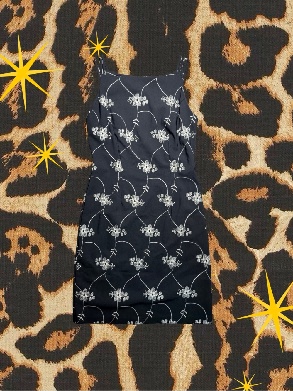 CDC | y2k Vintage Embroidered Floral Black Midi Dress Cute Strap Detail | Size10